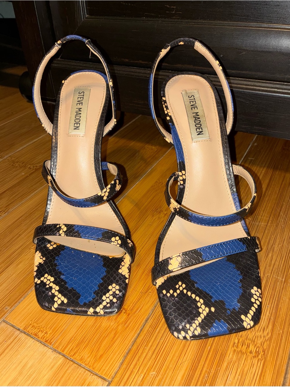 STEVE MADDEN Women's Blue & Black Snake-Print Strappy Heels